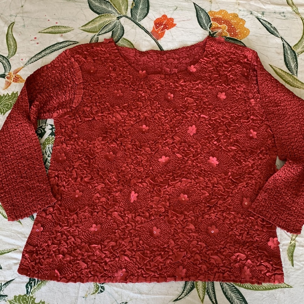 Red embroidered popcorn shirt